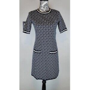Boden Women’s Knit Shift Dress US 4 Navy White Geometric Short Sleeve Pockets